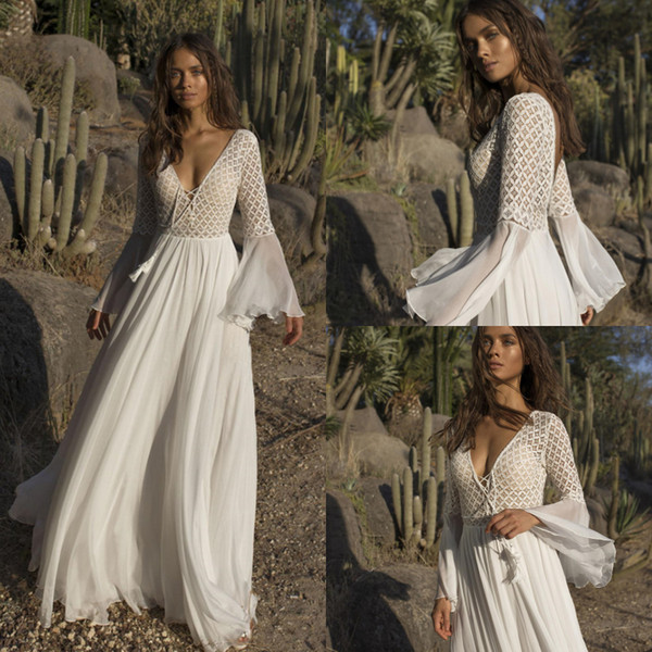 Asaf Dadush Boho Wedding Dresses Deep V Neck Long Sleeve Crystal Beaded A Line Floor Length Bohemian Sexy Beach Wedding Bridal Gowns