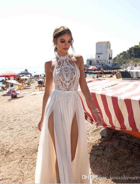 Berta Bohemian Wedding Dresses Halter Lace Appliques Beads Sexy Side Split Beach Wedding Gowns Custom Made Cheap Boho Bridal Dress