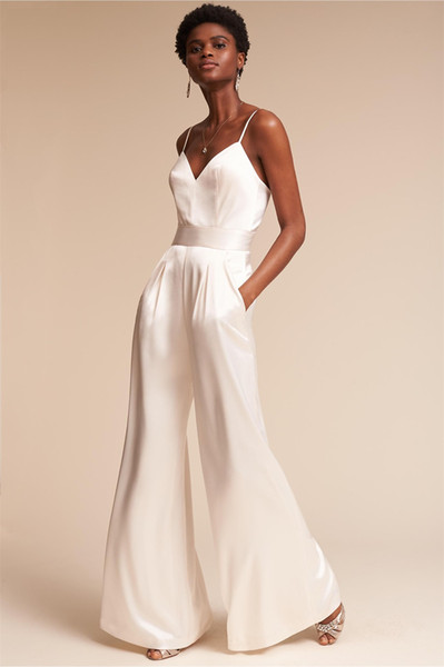 Wedding Jumpsuit 2017 Summer with Pockets ad Spaghetti Neck Dramatic Beach Wedding Ceremony Dress with Wide-Leg Pants & Zipper Back