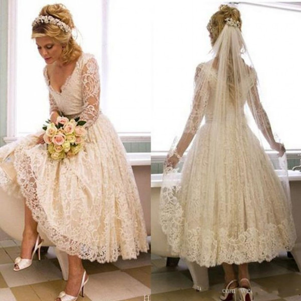Vintage Lace 1950s Wedding Dresses Tea Length Country Style Short V Neck Bridal Gowns with Illusion 3/4 Sleeves Custom Made Cheap