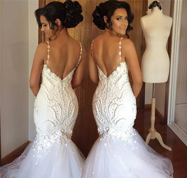 Mermaid Wedding Dresses Spaghetti Straps 3D Flowers Applique Lace Beads Pearls Sweetheart Chapel Train Low V Back Arabic Bridal Gowns