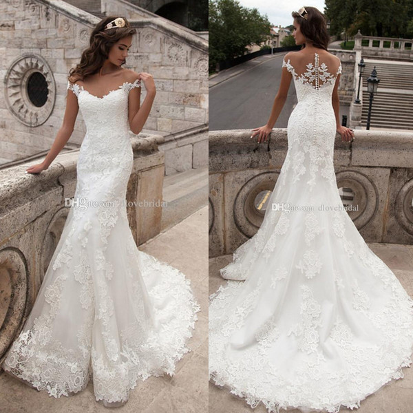 Stunning Illusion Lace Wedding Dress High Quality Cap Sleeveless Mermaid Bridal Wedding Gown Vestido De Noiva with Covered Button Back
