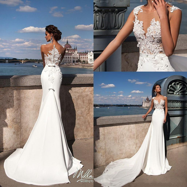 Millanova Beach Wedding Dresses Mermaid Sheer Neck Sleeveless Sweep Train Bridal Gowns With Lace Applique Backless Wedding Gowns