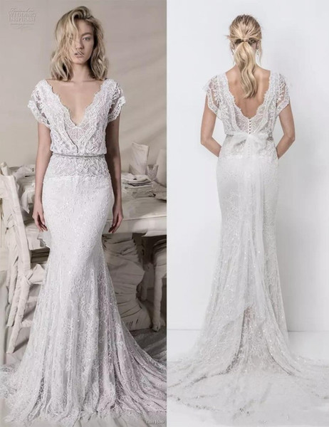 Full Lace Boho Mermaid Wedding Dresses Lihi Hod Lace Bridal Gowns Sequined V Neck Bohemian Beach Bridal Dresses Low Back Vestidos de Novia