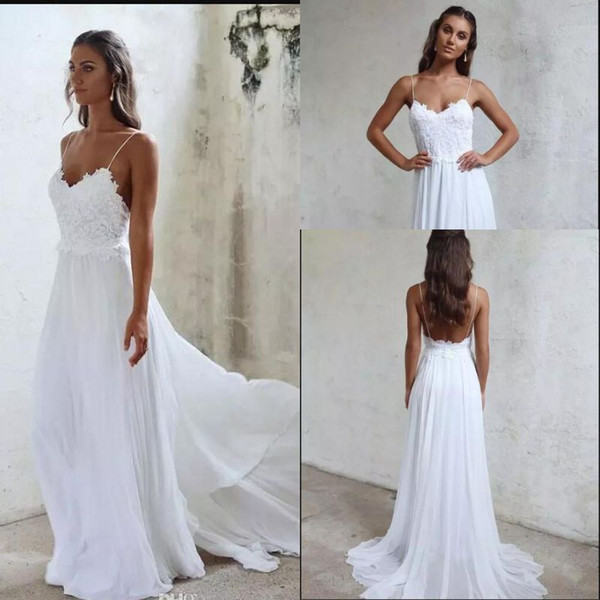 2017 Spaghetti Straps Chiffon A Line Summer Beach Wedding Dresses Lace Top Backless Court Train Bridal Gowns