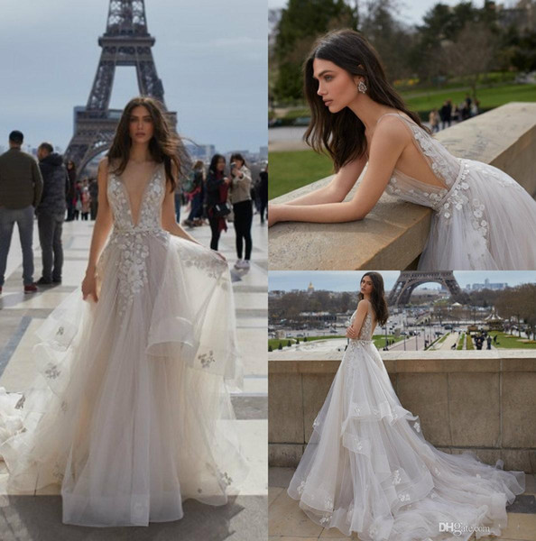 Julie Vino Gorgeous Backless Wedding Dress V Neck Appliqued Bridal Gowns Custom vestido de novia Sweep Train Castle Wedding Gowns Cheap