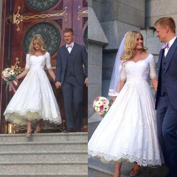 Vintage Half Sleeve Tea-Length Wedding Dresses Sweetheart Appliques Lace Country Short Custom Made Wedding Dress