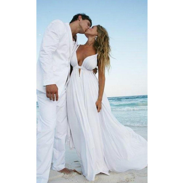 New Sexy Deep V-Neck Beach Wedding Dress Spaghetti Straps Backless Chiffon Wedding Dresses With Pleats vestido de noiva