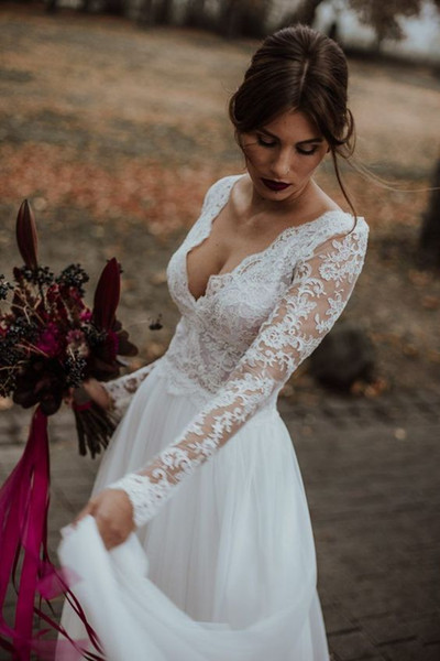 White Lace Appliqued A-Line Bridal Dresses Long Sleeve Summer Beach Sexy Wedding Dress Plus Size Backless Floor Length