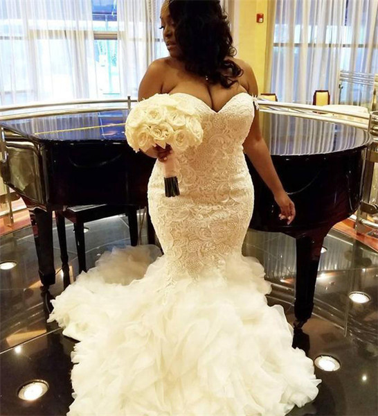 African Plus Size Wedding Dresses Sweetheart Ruffles Mermaid Lace Wedding Dress Lace Up Back Tulle Bridal Gowns Vestidos