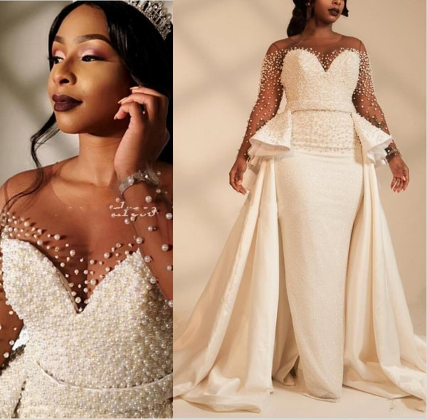 African Mermaid Plus Size Wedding Dresses Overskirts Sheer Neck Long Sleeve Pearls Neaded Garden Country Bridal Gowns