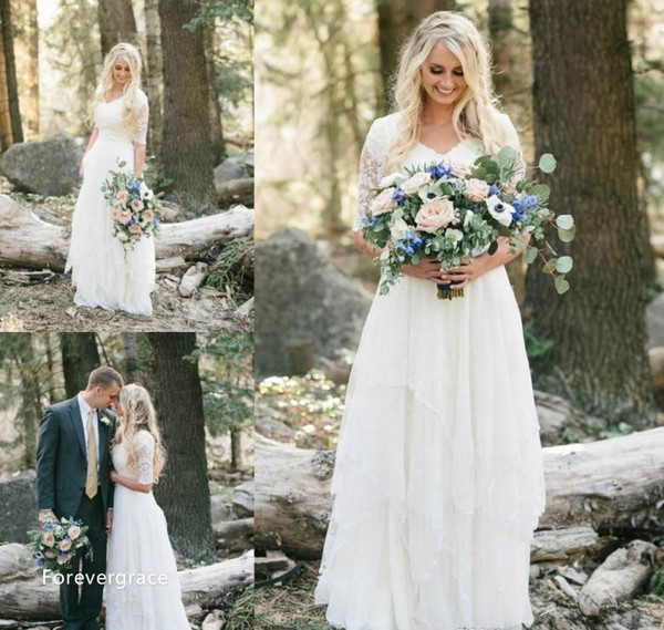 2017 Cheap Western Country Bohemian Forest Wedding Dress Lace Chiffon V Neck Boho Garden Country Bridal Gown Custom Made Plus Size