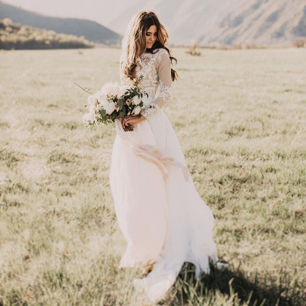 Bohemian Country Wedding Dresses Sheer Neck Long Sleeves A-Line Lace Applique Chiffon Boho Bridal Gowns
