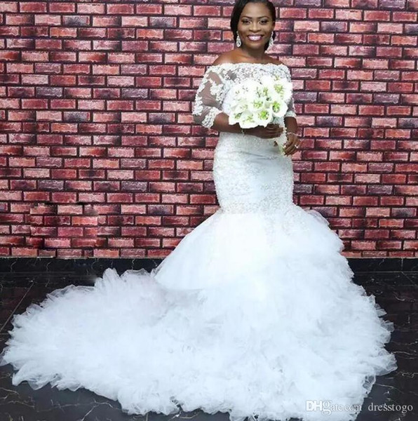 Mermaid Wedding Dresses New Arrival Off The Shoulder Long Sleeve Ruffles Court Train Plus Size Wedding Gowns Bridal Gowns DM001