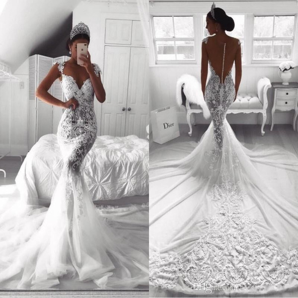 Sexy full Lace Sweetheart Neck Mermaid Wedding Dresses White O-neck Satin Mermaid Bridal Gowns Unique Robe De Mariage BA9614