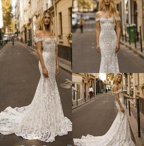 Gali Karten Wedding Dresses Off The Shoulder Lace Appliqued Sweep Train Illusion Mermaid Wedding Dress Beach Plus Size Bridal Gowns