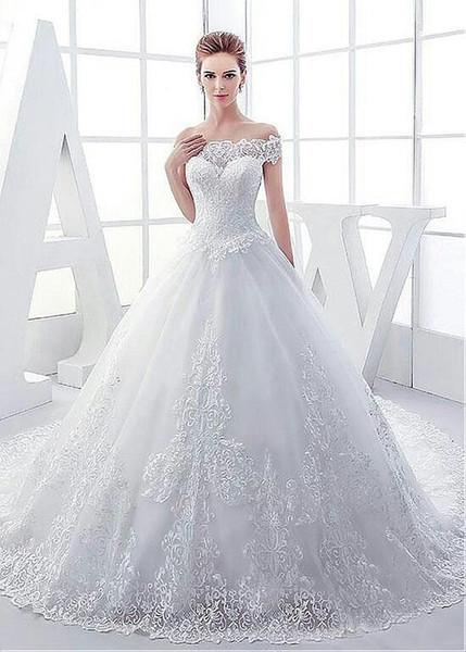 Gorgeous Lace Wedding Dresses Sheer Off The Shoulder Sweep Train Sleeves Appliques Arabic Dubai Wedding Gowns Custom Made