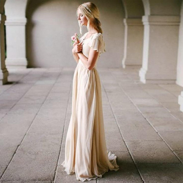 Modest Beach Wedding Dresses A Line Floor Length Summer Chiffon Beach Bridal Gown A-Line Custom Made V Neck Vestido de novia 2016-2017