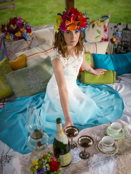 Gradient Colorful Wedding Dresses Cheap Long White And Blue A Line Illusion Bodice Lace Chiffon Country Bohemian Beach Bridal Gowns