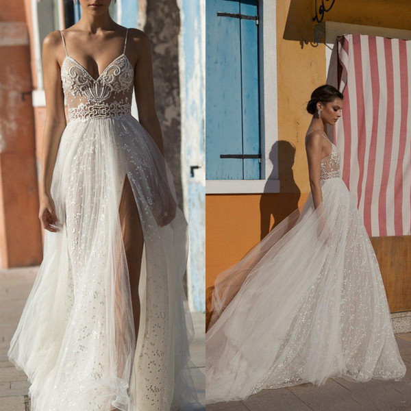 Gali Karten Sexy Beach Wedding Dresses with Side Split Illusion Spaghetti Strap Boho Wedding Gowns Pearls Backless Bohemian Dress for Bride