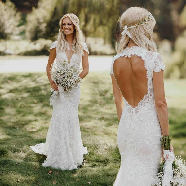 Bohemian Lace Mermaid Wedding Dresses Cap Sleeve V Neck Hollow Back Sweep Train Garden Country Beach Bridal Gowns robe de mariée