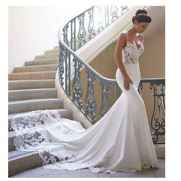 Spaghetti Wedding Dresses Satin Long Mermaid Wedding Gown Floor Length Bridal Dress Appliques Wedding Gowns Custom Made