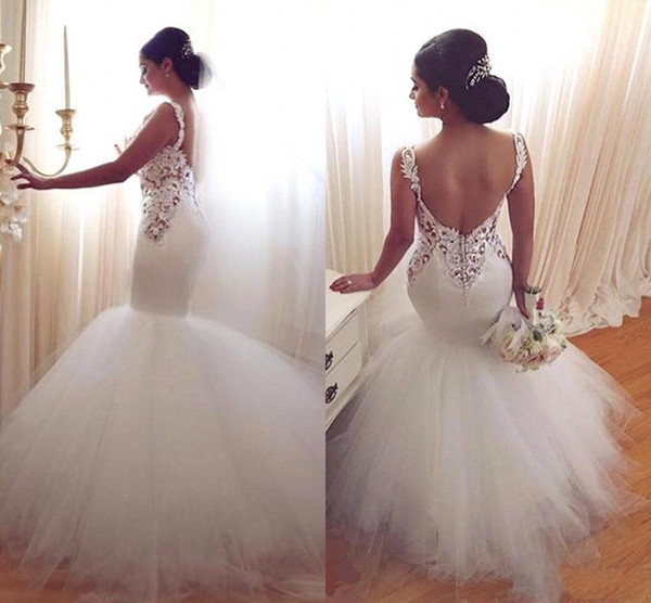 Sexy Mermaid Wedding Dresses Spaghetti Straps Backless Floor Length Tiered Tulle Lace Applique Wedding Dresses Bridal Gowns Custom