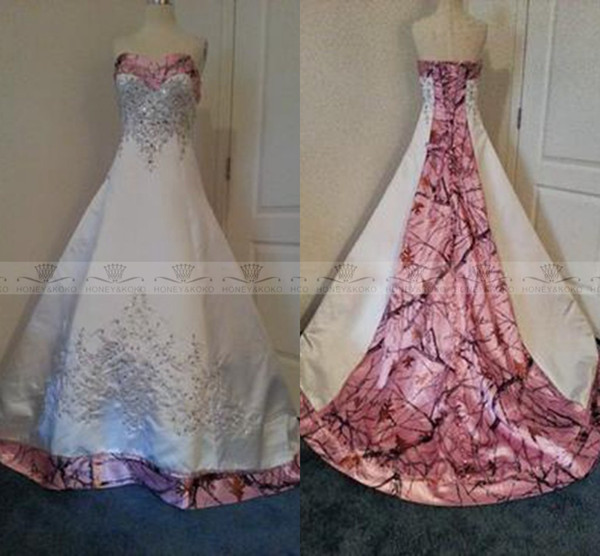 Custom Made Colored Pink Camo Wedding Dresses 2015 A-line Court Train Sweetheart Satin Lace-up Bridal Gowns Elegant Wedding Dress