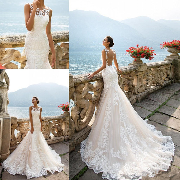 Milla Nova Vintage Mermaid Wedding Dress Full Length Sheer Scoop Neck Bridal Gowns Illusion Back Bridal Wedding Gown Sweep Train
