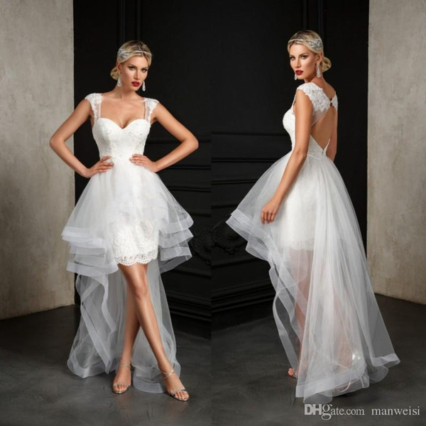 Bien Savvy Bride Beach Knee Length Wedding Dresses With Detachable Skirt Open Back Lace Appliqued Boho Bridal Gowns
