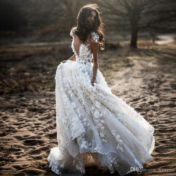 Stylish Bohemian A Line Wedding Dresses V Neck Cap Sleeve Appliques 3D Flower Country Wedding Gowns Puffy Skirt Tulle Party Dress for Bridal