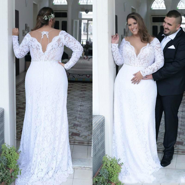 Cheap Plus Size Wedding Dresses Deep V Neck Sheath Vintage Long Sleeves Wedding Dresses Bridal Gowns Sweep Train Spring Summer Wear Gown