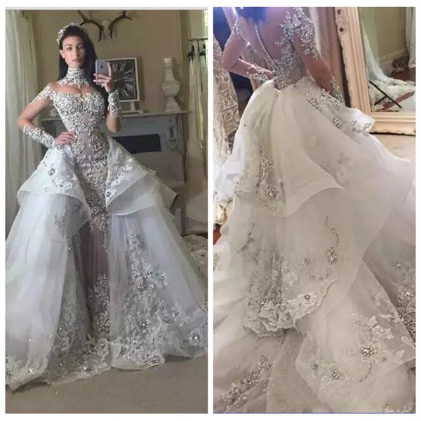 High Neck Bling Bling Mermaid Wedding Dresses Sheer Long Sleeves Lace Appliques With Detachable Train Bridal Gowns Crystal Vestidos