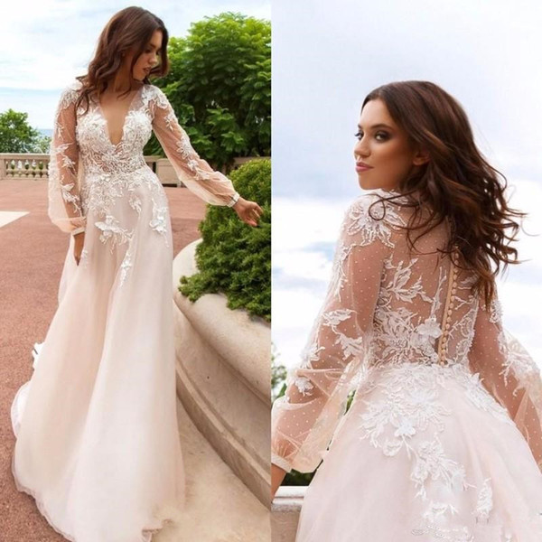 New Boho Wedding Dresses V Neck Lace Applique Long Sleeves Bridal A Line Tulle Buttons Back Wedding Gowns