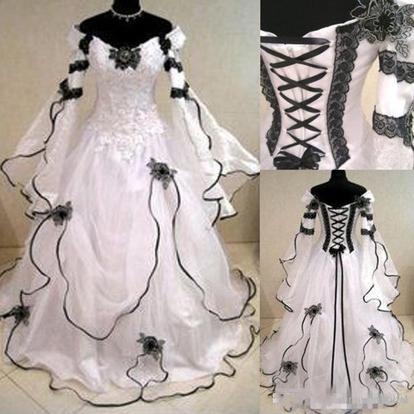 Vintage Plus Size Gothic A Line Wedding Dresses With Long Sleeves Black Lace Corset Back Chapel Train Bridal Gowns For Garden Country