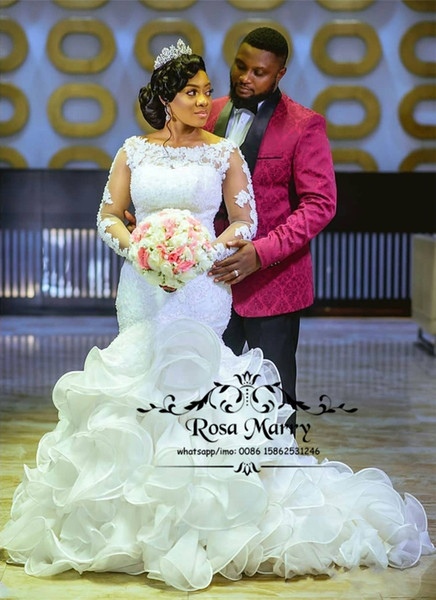 Sexy Cascading Ruffles Mermaid Wedding Dresses Plus Size Long Sleeves Vintage Lace Beaded Sequined Arabic African Country Bridal Gowns