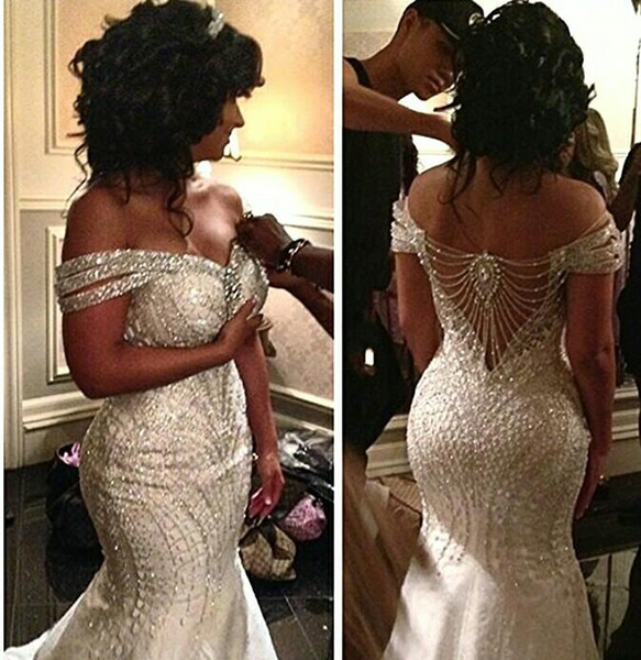 African Mermaid Wedding Dresses New Sexy Off Shoulder Bling Crystal Beading Plus Size Hollow Back Sweep Train Formal Bridal Gowns
