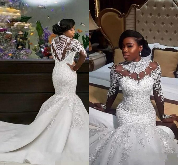 2017 New African Luxurious High Neck Mermaid Wedding Dresses Crystals Sheer Long Sleeves Appliques Bridal Wedding Gowns Vestido De Novia