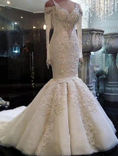New Arrival Beaded Long Sleeve Lace Mermaid Wedding Dresses Mermaid Long Bridal Gowns