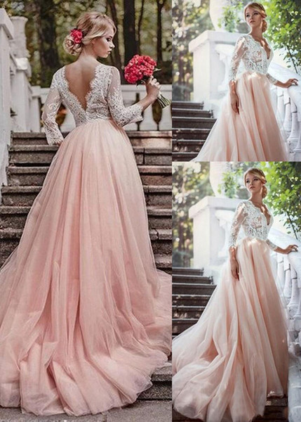 Fantastic 2017 A-Line Lace Wedding Dresses With 3/4 Long Sleeves Blush Pink Tulle Skirt Country Wedding Gowns V-Neck Bridal Gowns Cheap