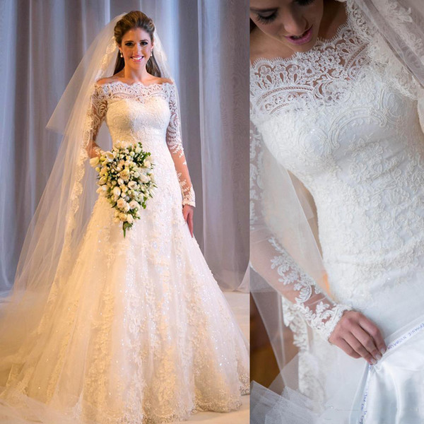 Bateau Neck Long Sleeve A-Line Country Wedding Dresses Elegant Lace Bridal Wedding Gowns Custom Made Bridal Gowns Plus Size