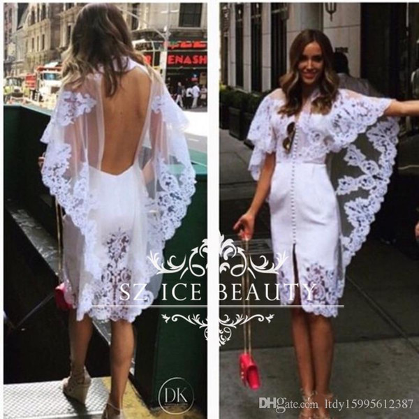 New Sexy Backless Little White Wedding Dresses With Half Sleeves Lace Appliques Illusion Neck Bridal Dress Gown vestidos de novia