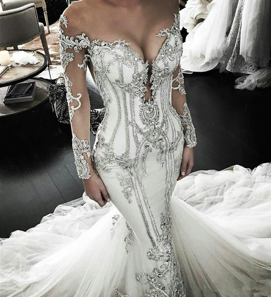 Sparkly Crystal Beaded Mermaid Wedding Dresses Luxury Plus Size Long Sleeves Bridal Dress Sweep Train Sheer Jewel Neck Vestido De Novia