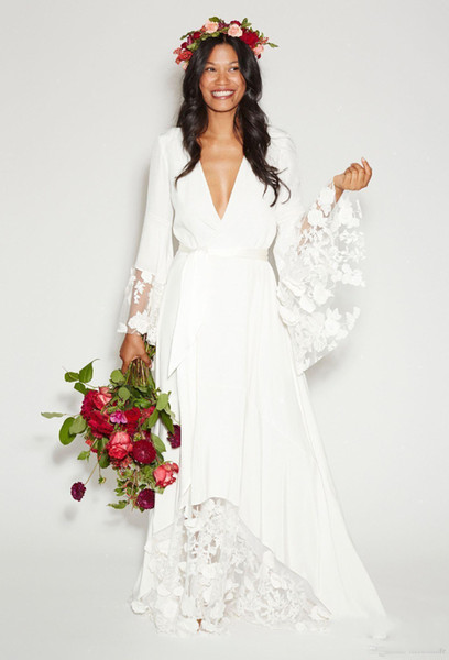 Modest Boho Beach Wedding Dresses Bohemian Long Bell Sleeve A line SexyVneck Lace Flower Bridal Gowns Plus Size Custom made