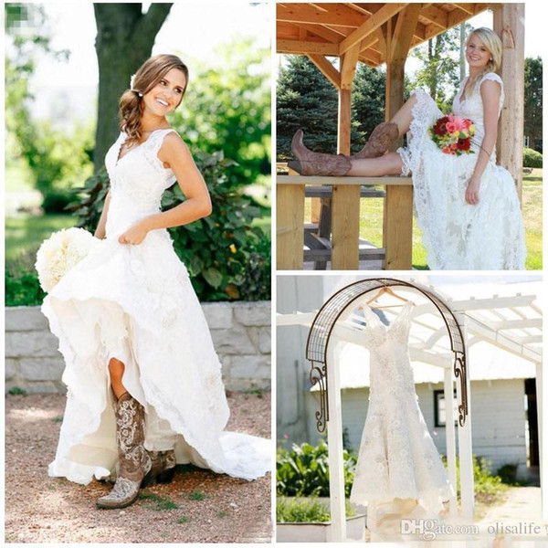 Vintage Full Lace V Neck Cap Short Sleeves Country Western Boho Cheap Design Modest Bridal Gowns Tea Length Sleeveless Wedding Dresses