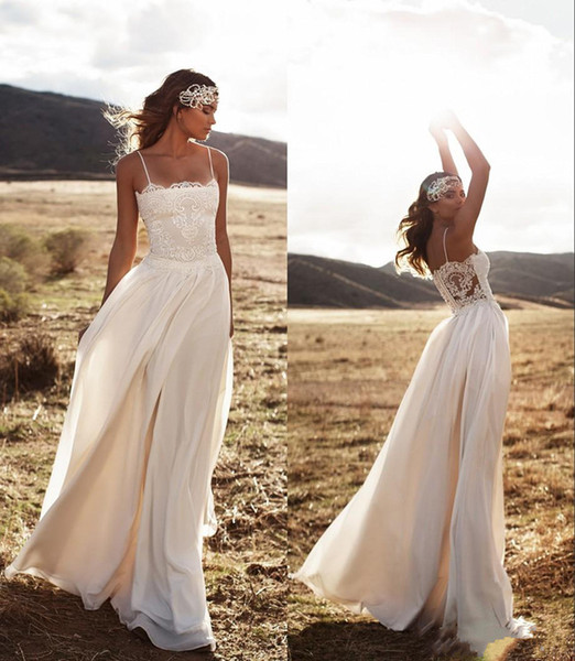 Vintage Lace Applique Beach Wedding Dresses Ivory Chiffon Sexy Spaghetti Wedding Gowns Simple Floor Length A-line Bridal Dress