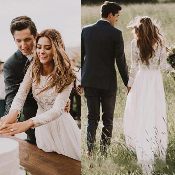 Bohemian Lace Wedding Dresses With Country Long Sleeves Floor Length A Line Lace Applique Chiffon Boho Bridal Gowns Cheap 