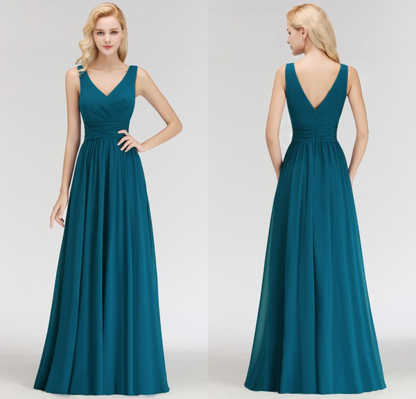 Real Photos Designer Ink Green Chiffon Long Bridesmaid Dresses Custom Made V Neck Formal Wedding Guest Party Gowns BM0034