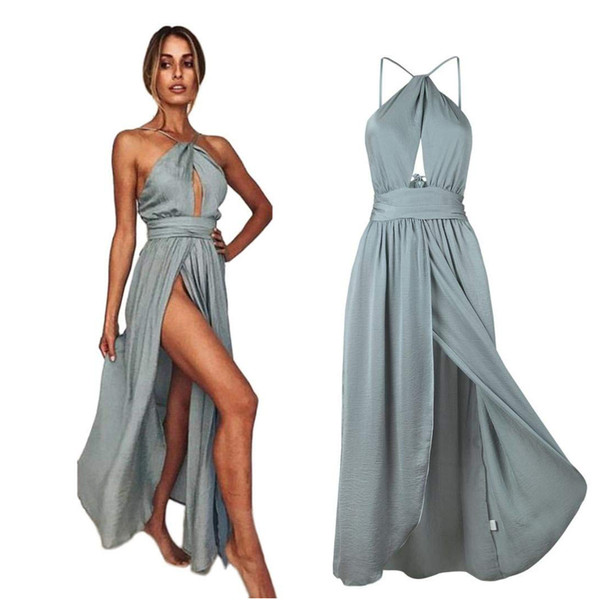 Sexy Simple Bohomian Bridesmaid Dresses Halter Side Slit High Split Beach Wedding Maid of Honor Gown Formal Evening Party Dress BM0231