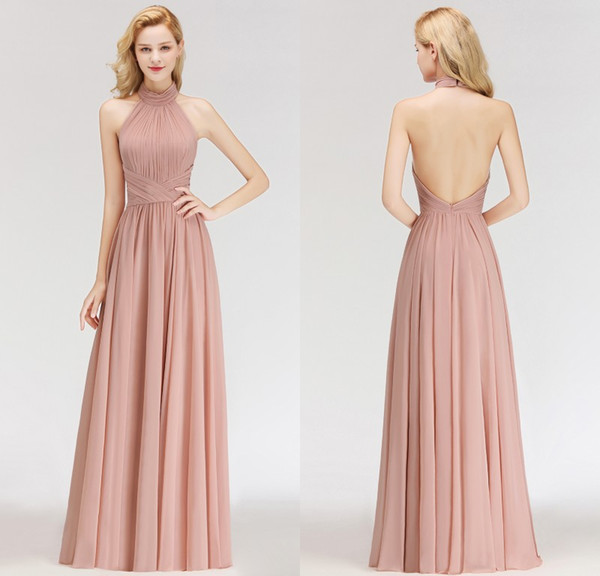Real Photos Designer Dust Rose Chiffon Long Bridesmaid Dresses Custom Made Halter Formal Wedding Guest Party Gowns BM003